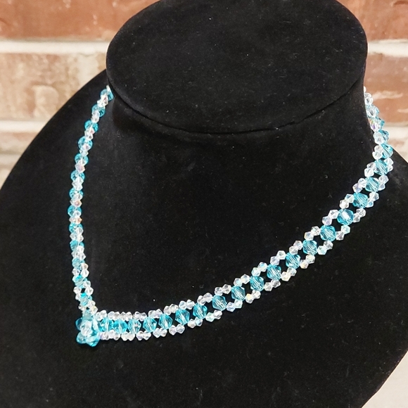 Hand made Sky Blue and Clear Crystal Necklace - Picture 3 of 8
